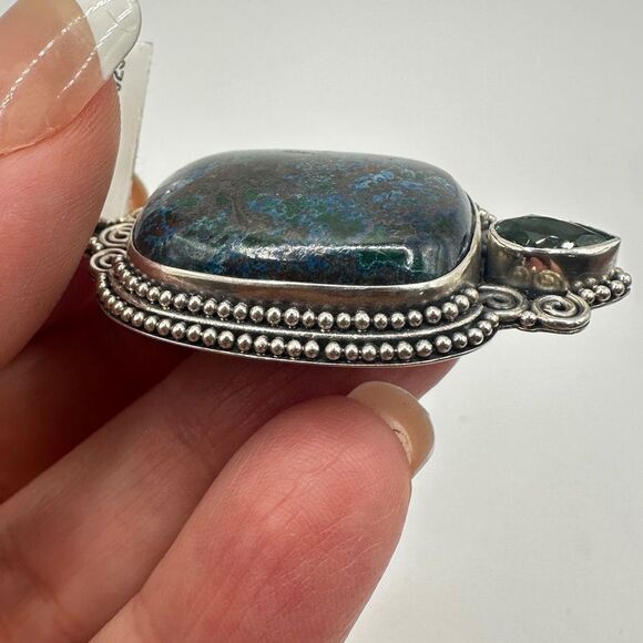 NWT Azurite and Green Quartz in Bali Sterling Silver Pendant! - Picture 3 of 12